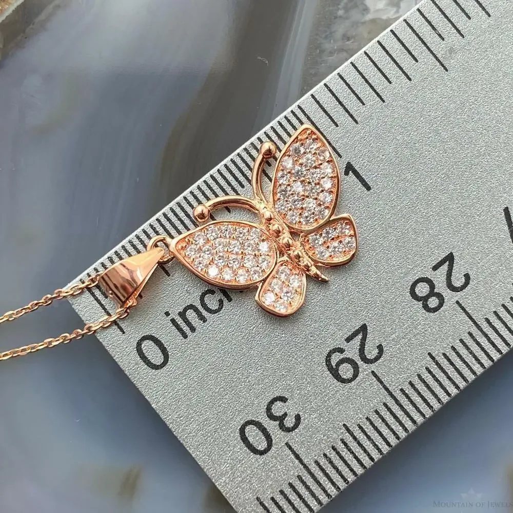 Sterling Silver Rose Coated with Cubic Zirconia Butterfly Pendant with Chain